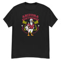 Arizona Dustwings Goose Football Tee - cartoon goose football player in a red uniform with a white helmet, holding a football in front of stadium lights and goalposts, with "Arizona Dustwings" arched above - Black front flat