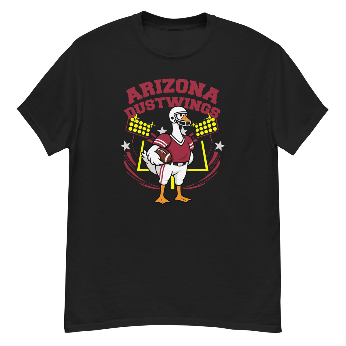 Arizona Dustwings Goose Football Tee - cartoon goose football player in a red uniform with a white helmet, holding a football in front of stadium lights and goalposts, with "Arizona Dustwings" arched above - Black front flat