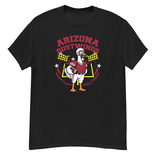Arizona Dustwings Goose Football Tee - cartoon goose football player in a red uniform with a white helmet, holding a football in front of stadium lights and goalposts, with "Arizona Dustwings" arched above - Black front flat
