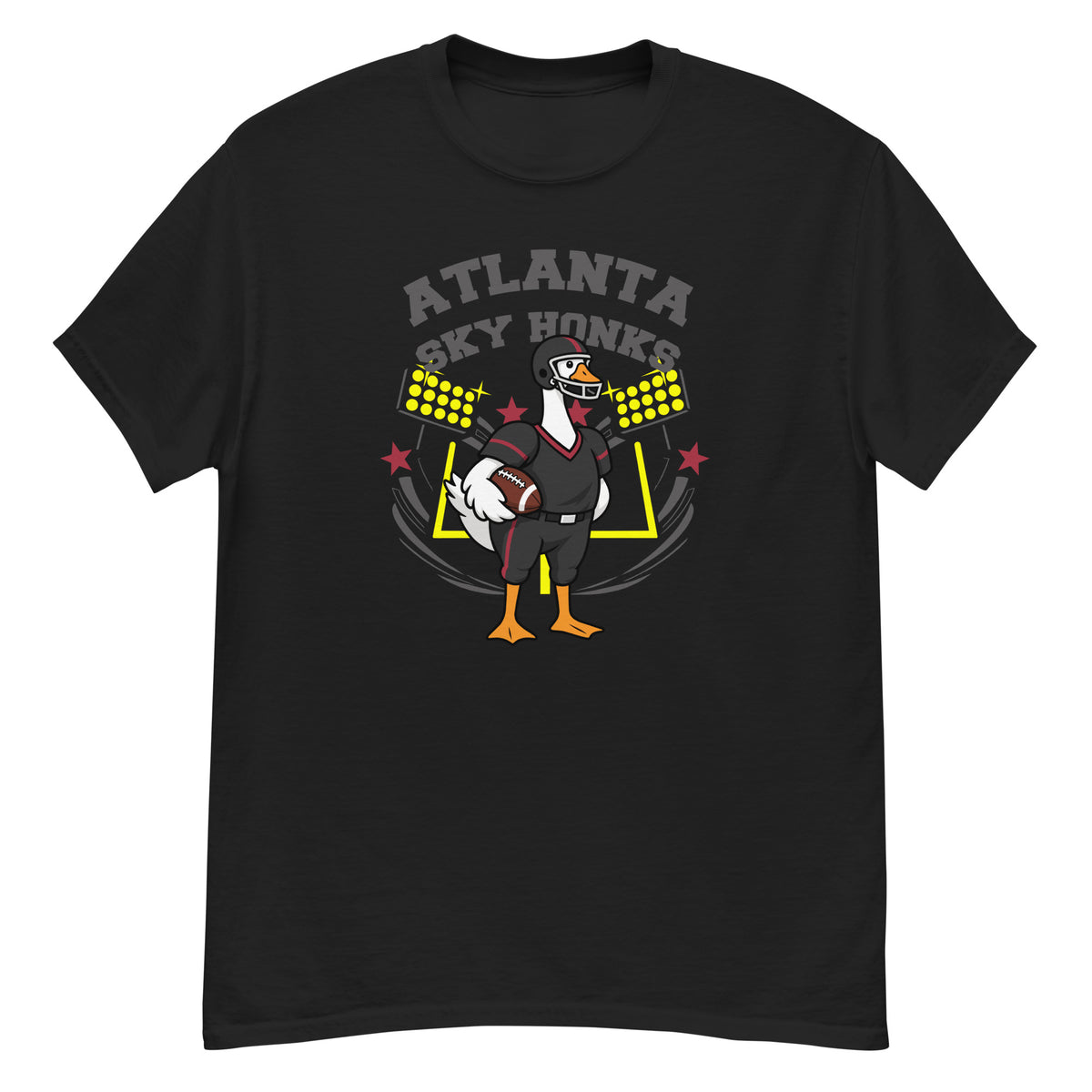 Atlanta Sky Honks Goose Football Tee - cartoon goose football player in a black and red uniform with a black helmet, holding a football in front of stadium lights and goalposts, with "Atlanta Sky Honks" arched above - Black front flat