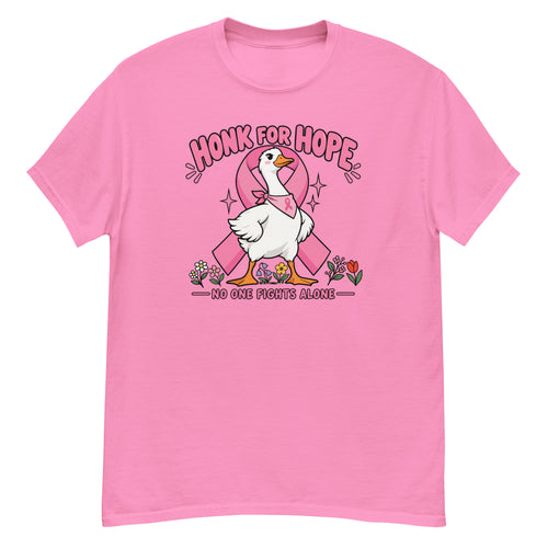 Breast Cancer Goose Tee - goose wearing a pink breast cancer ribbon sash among flowers, "Honk For Hope" and "No One Fights Alone" text - Azalea front flat