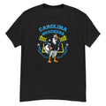 Carolina Quackers Goose Football Tee - cartoon goose football player in a black and blue uniform with a black helmet, holding a football in front of stadium lights and goalposts, with "Carolina Quackers" arched above - Black front flat