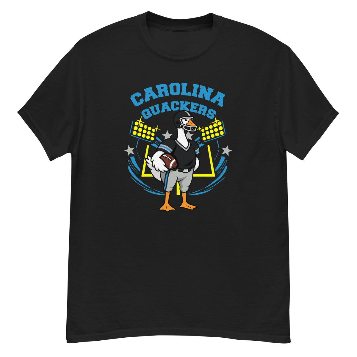 Carolina Quackers Goose Football Tee - cartoon goose football player in a black and blue uniform with a black helmet, holding a football in front of stadium lights and goalposts, with "Carolina Quackers" arched above - Black front flat