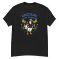 Chicago Lake Honkers Goose Football Tee - cartoon goose football player in a navy and orange uniform with a navy helmet, holding a football in front of stadium lights and goalposts, with "Chicago Lake Honkers" arched above - Black front flat
