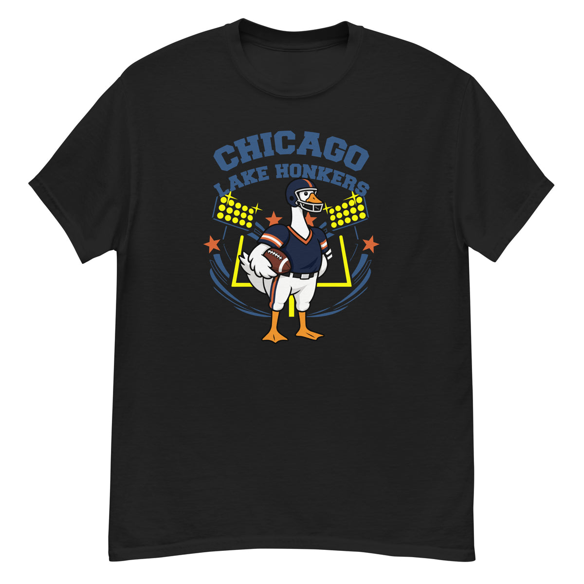 Chicago Lake Honkers Goose Football Tee - cartoon goose football player in a navy and orange uniform with a navy helmet, holding a football in front of stadium lights and goalposts, with "Chicago Lake Honkers" arched above - Black front flat