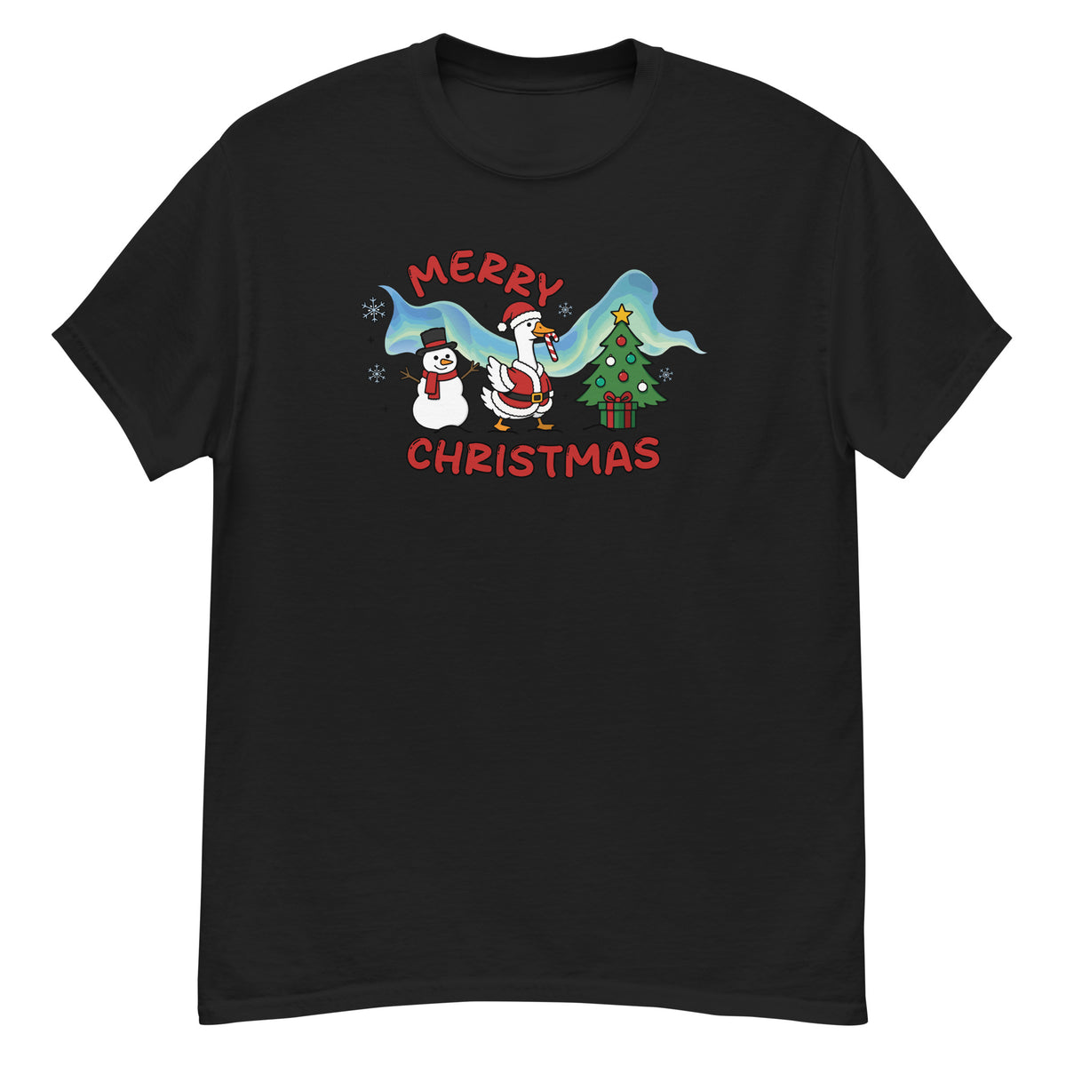 Christmas Tee - Santa goose with a candy cane, a snowman, and a Christmas tree, "Merry Christmas" - Black front flat