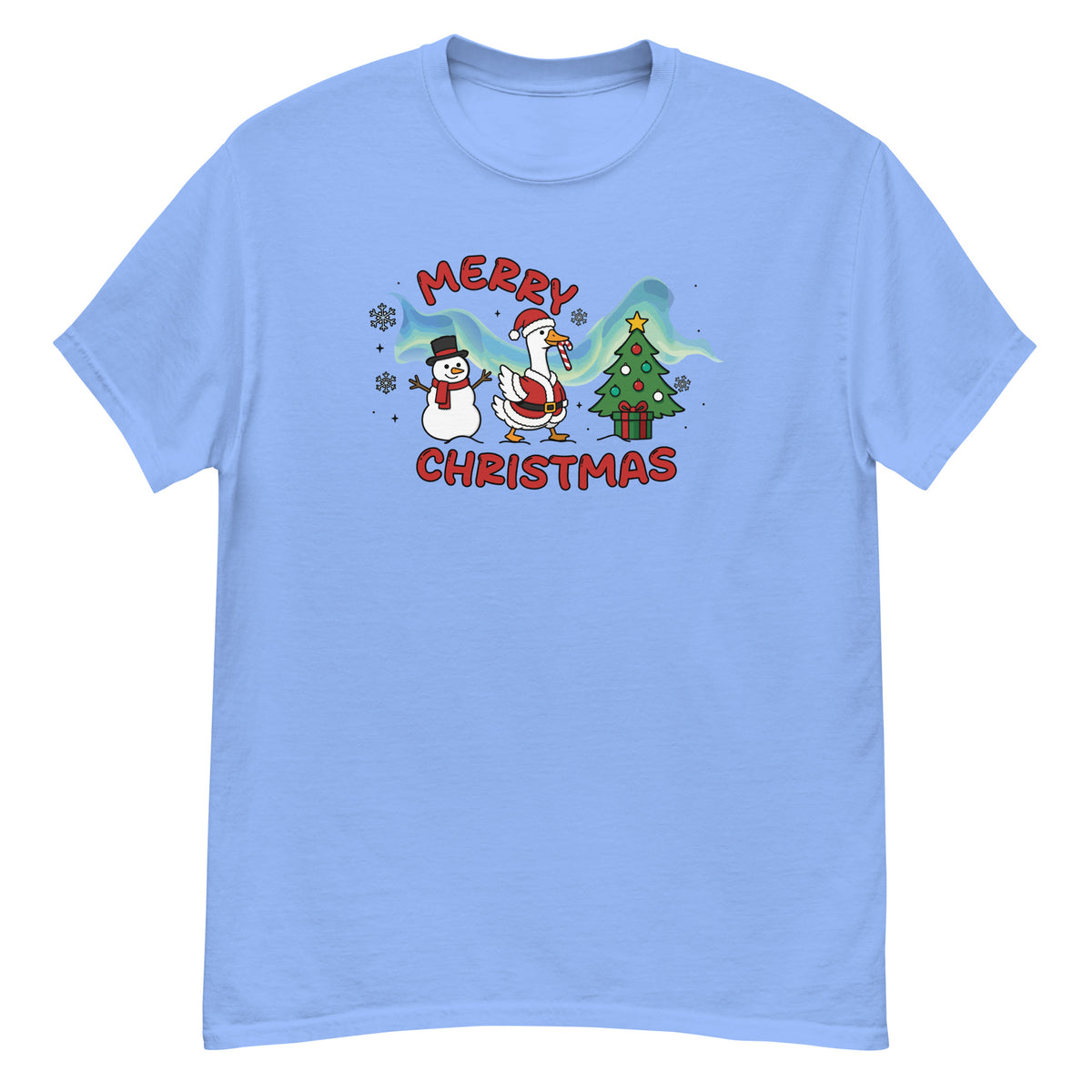 Christmas Tee - Santa goose with a candy cane, a snowman, and a Christmas tree, "Merry Christmas" - Carolina Blue front flat