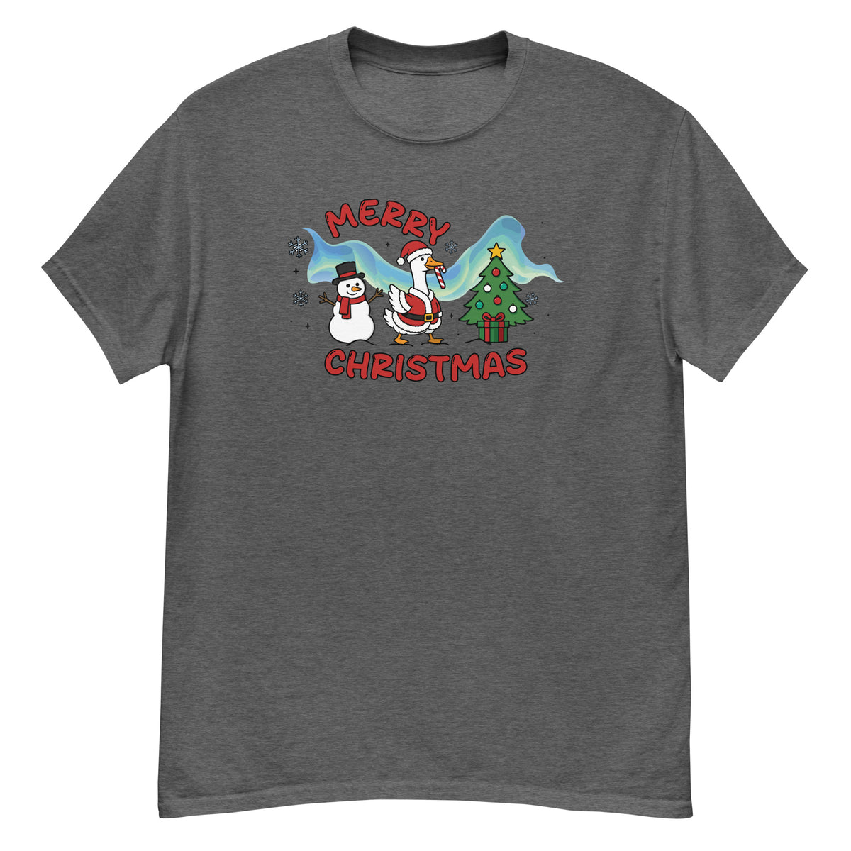 Christmas Tee - Santa goose with a candy cane, a snowman, and a Christmas tree, "Merry Christmas" - Dark Heather front flat