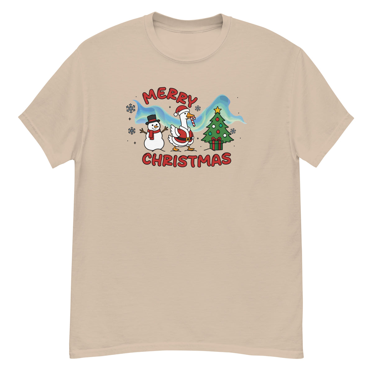 Christmas Tee - Santa goose with a candy cane, a snowman, and a Christmas tree, "Merry Christmas" - Sand front flat