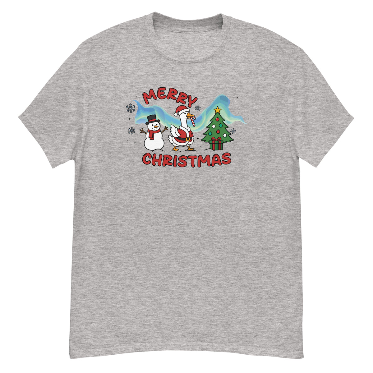 Christmas Tee - Santa goose with a candy cane, a snowman, and a Christmas tree, "Merry Christmas" - Sport Grey front flat