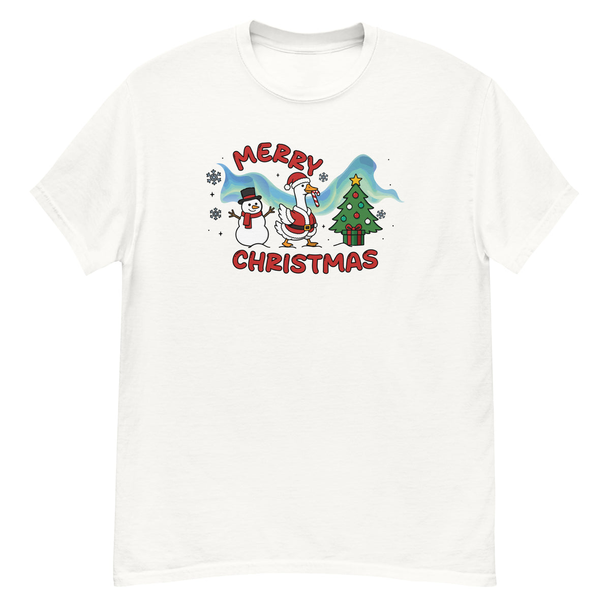 Christmas Tee - Santa goose with a candy cane, a snowman, and a Christmas tree, "Merry Christmas" - White front flat
