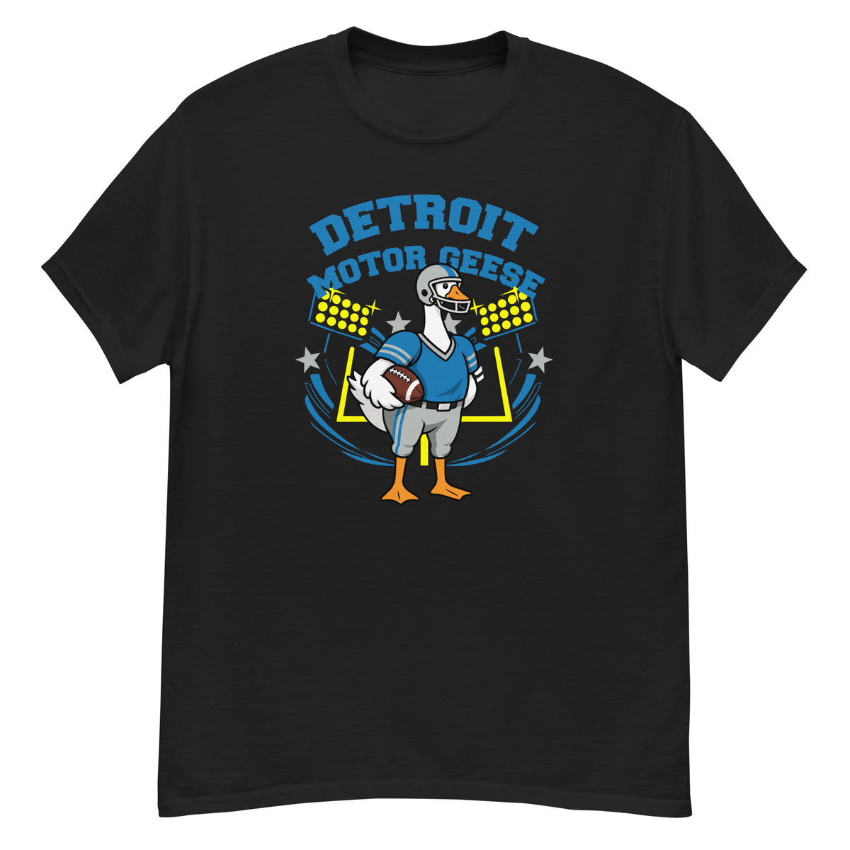Detroit Motor Geese Goose Football Tee - cartoon goose football player in a blue uniform with a silver helmet, holding a football in front of stadium lights and goalposts, with "Detroit Motor Geese" arched above - Black front flat