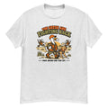 Fighting Back Goose Tee - goose in hunting gear with a rifle and golden retriever, "The Geese Are Fighting Back, Honk Around and Find Out" text - Ash front flat