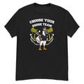 Choose Your Goose Team Tee - cartoon goose football player in a black and white uniform and black helmet, holding a football in front of stadium lights and goalposts, with "Choose Your Goose Team" arched above - Black front flat