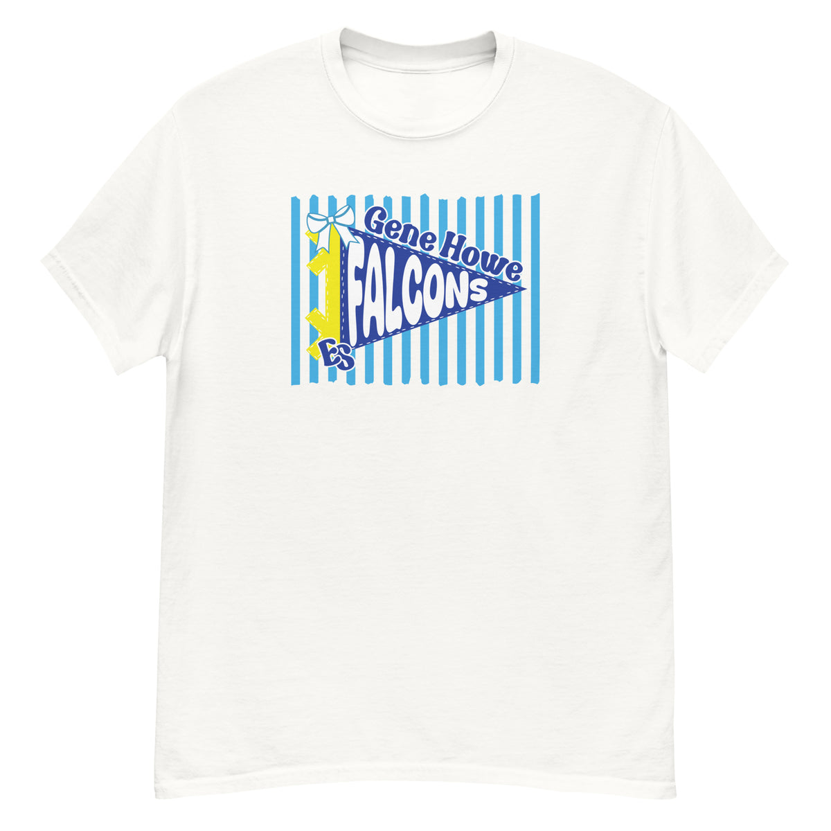 Gene Howe Elementary Falcons Tee - pennant-style "Gene Howe" wordmark design - White front flat