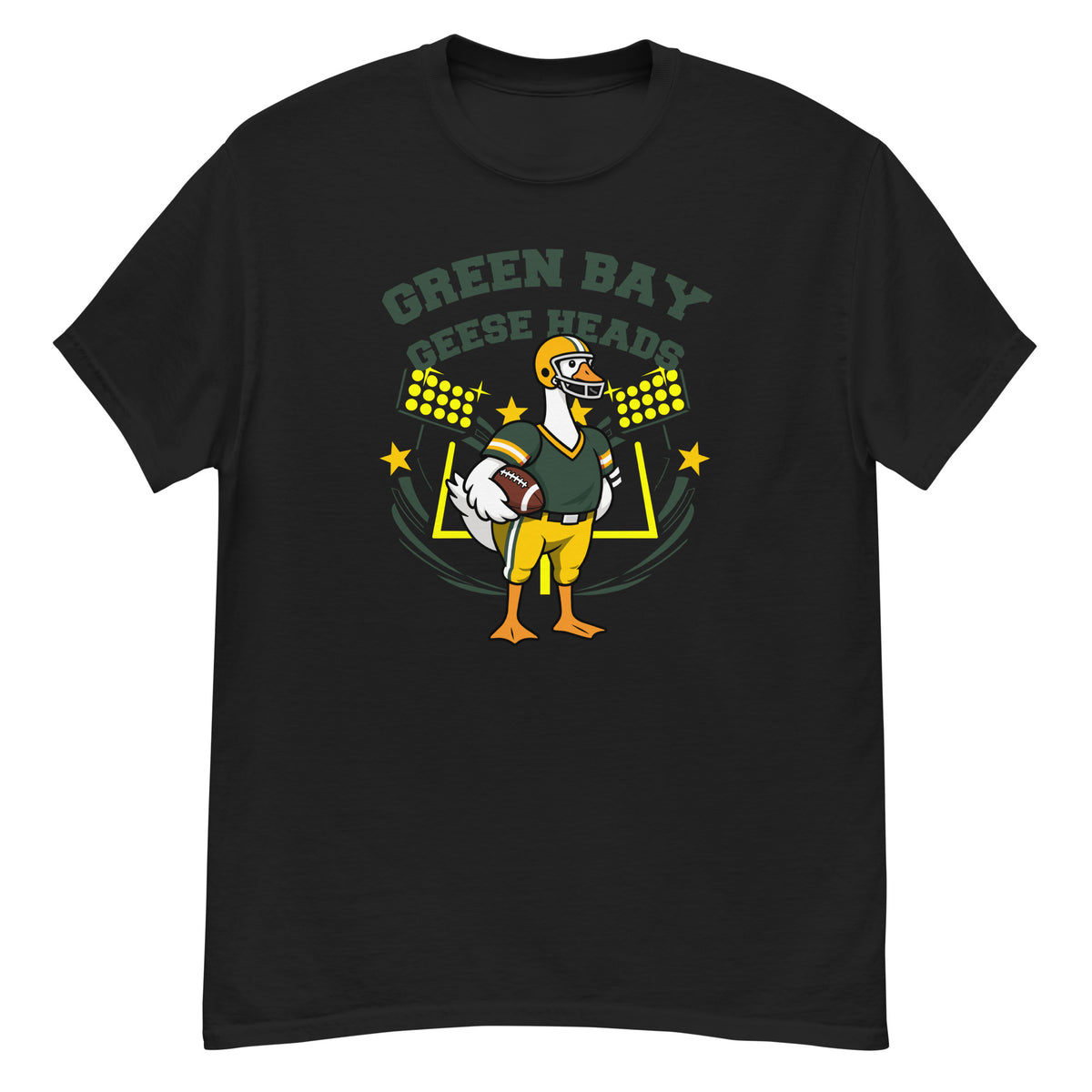 Green Bay Geese Heads Goose Football Tee - cartoon goose football player in a green and gold uniform with a gold helmet, holding a football in front of stadium lights and goalposts, with "Green Bay Geese Heads" arched above - Black front flat