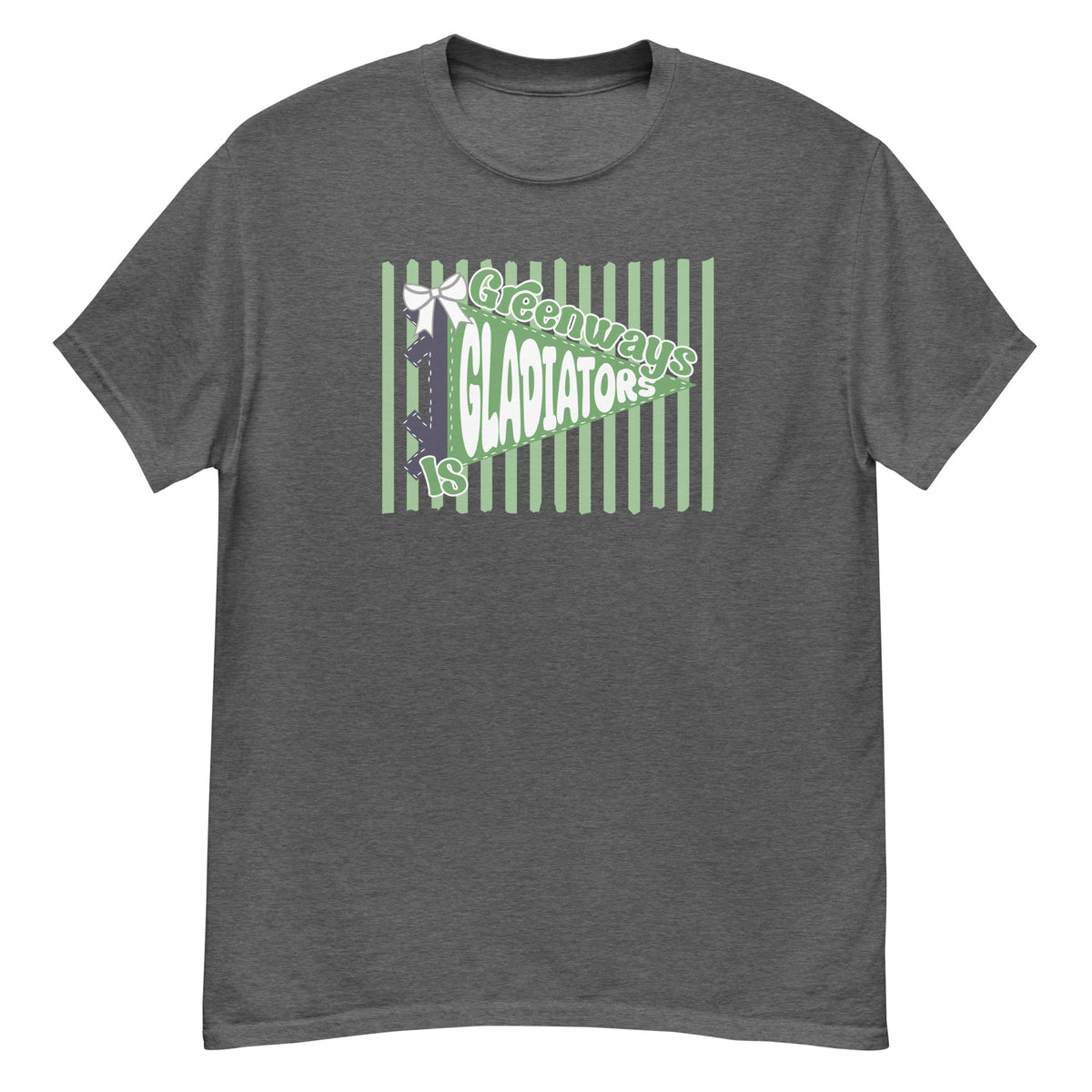 Greenways Intermediate Tee - pennant-style "Greenways" wordmark design - Dark Heather front flat