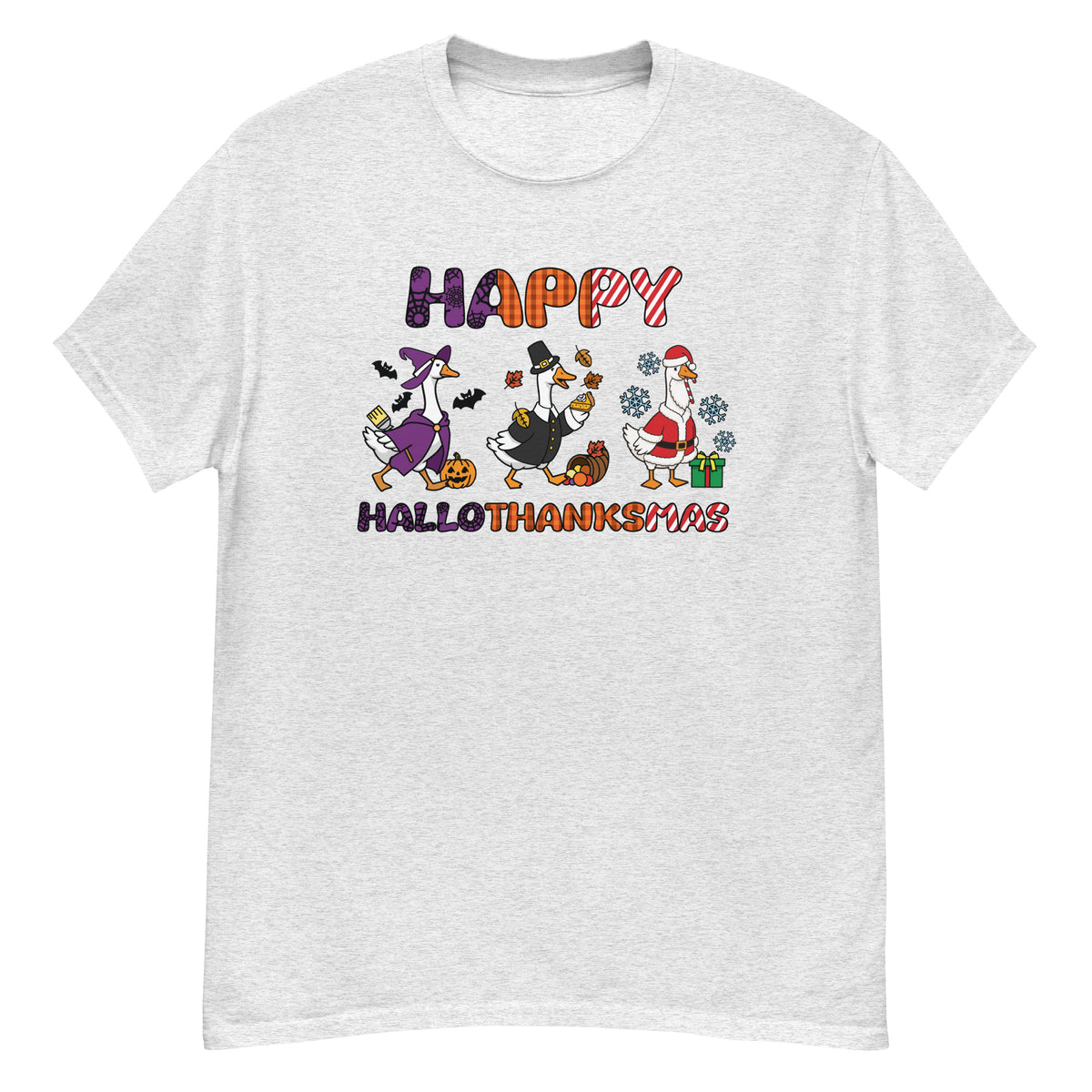 HalloThanksMas Tee - three geese dressed as a witch, pilgrim, and Santa, "Happy HalloThanksMas" - Ash front flat
