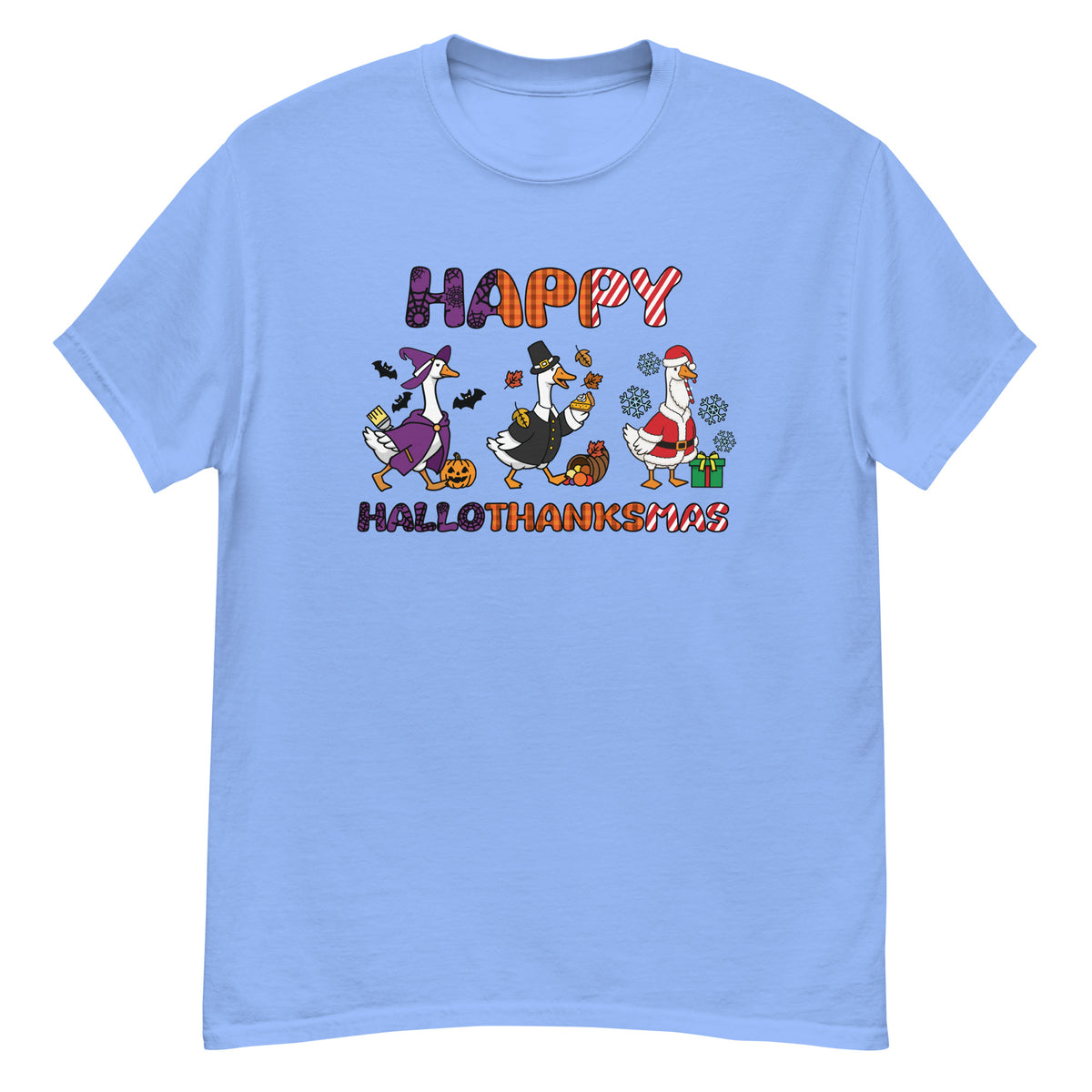 HalloThanksMas Tee - three geese dressed as a witch, pilgrim, and Santa, "Happy HalloThanksMas" - Carolina Blue front flat