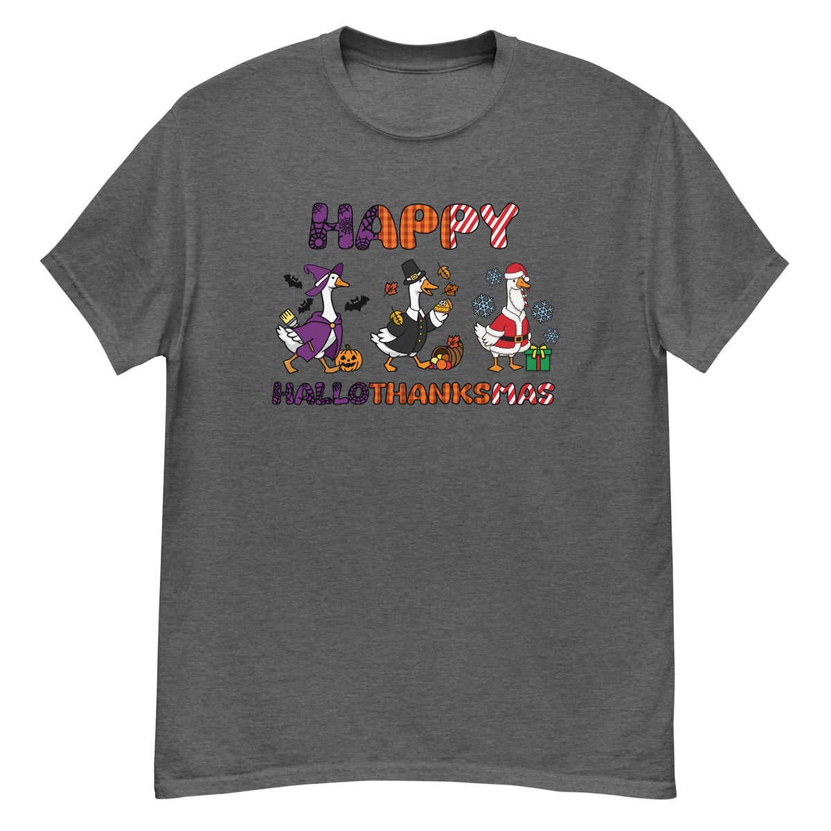 HalloThanksMas Tee - three geese dressed as a witch, pilgrim, and Santa, "Happy HalloThanksMas" - Dark Heather front flat