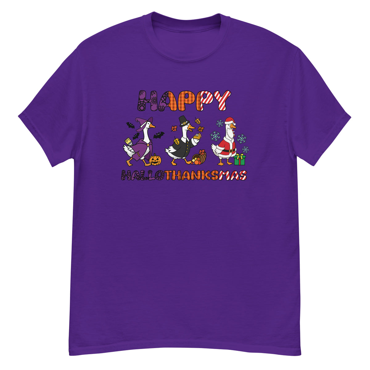 HalloThanksMas Tee - three geese dressed as a witch, pilgrim, and Santa, "Happy HalloThanksMas" - Purple front flat