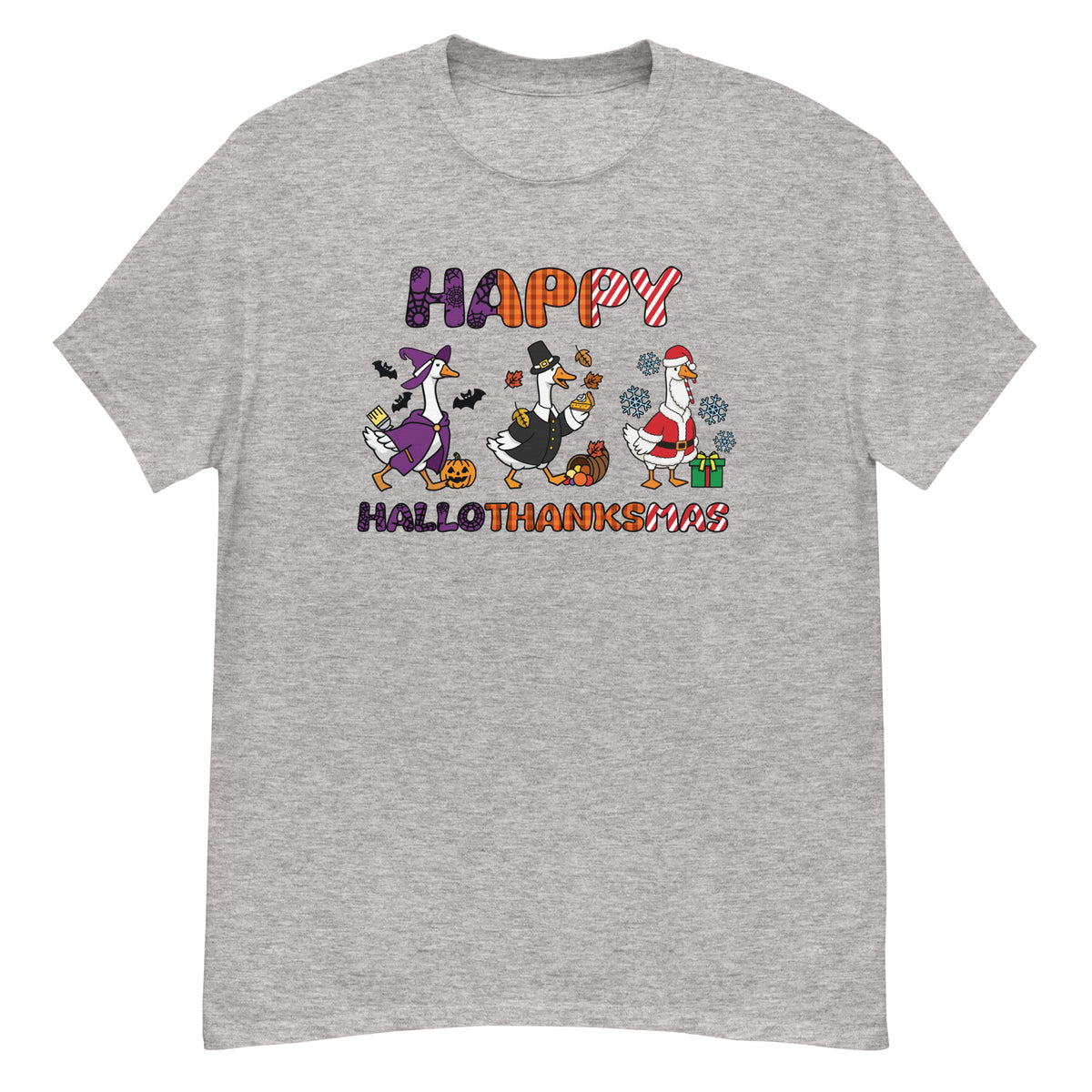 HalloThanksMas Tee - three geese dressed as a witch, pilgrim, and Santa, "Happy HalloThanksMas" - Sport Grey front flat