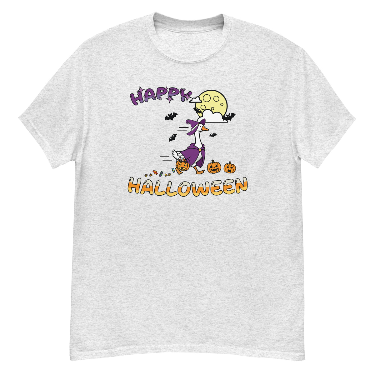 Halloween Tee - witch goose with jack-o'-lanterns, bats, and a full moon, "Happy Halloween" - Ash front flat