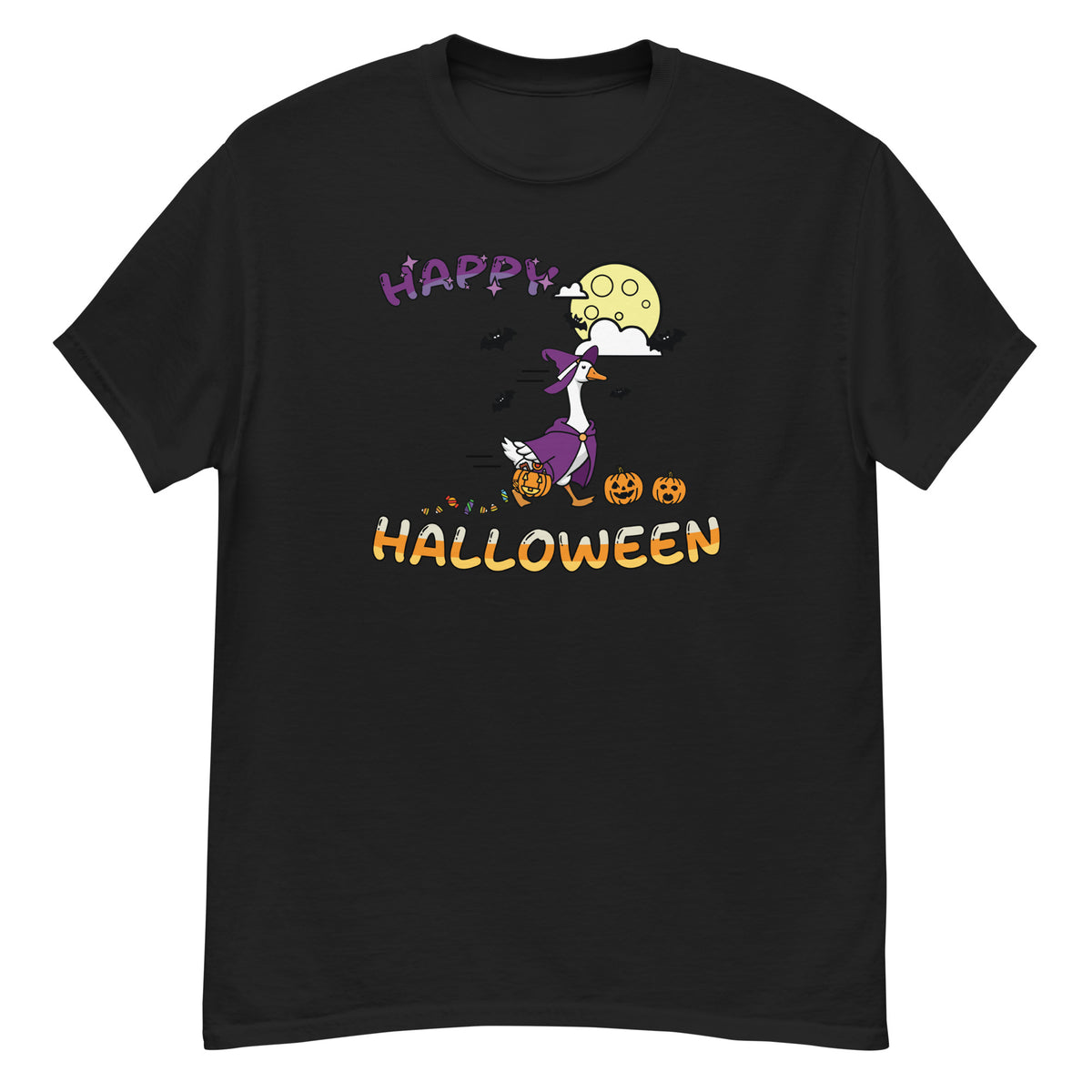 Halloween Tee - witch goose with jack-o'-lanterns, bats, and a full moon, "Happy Halloween" - Black front flat