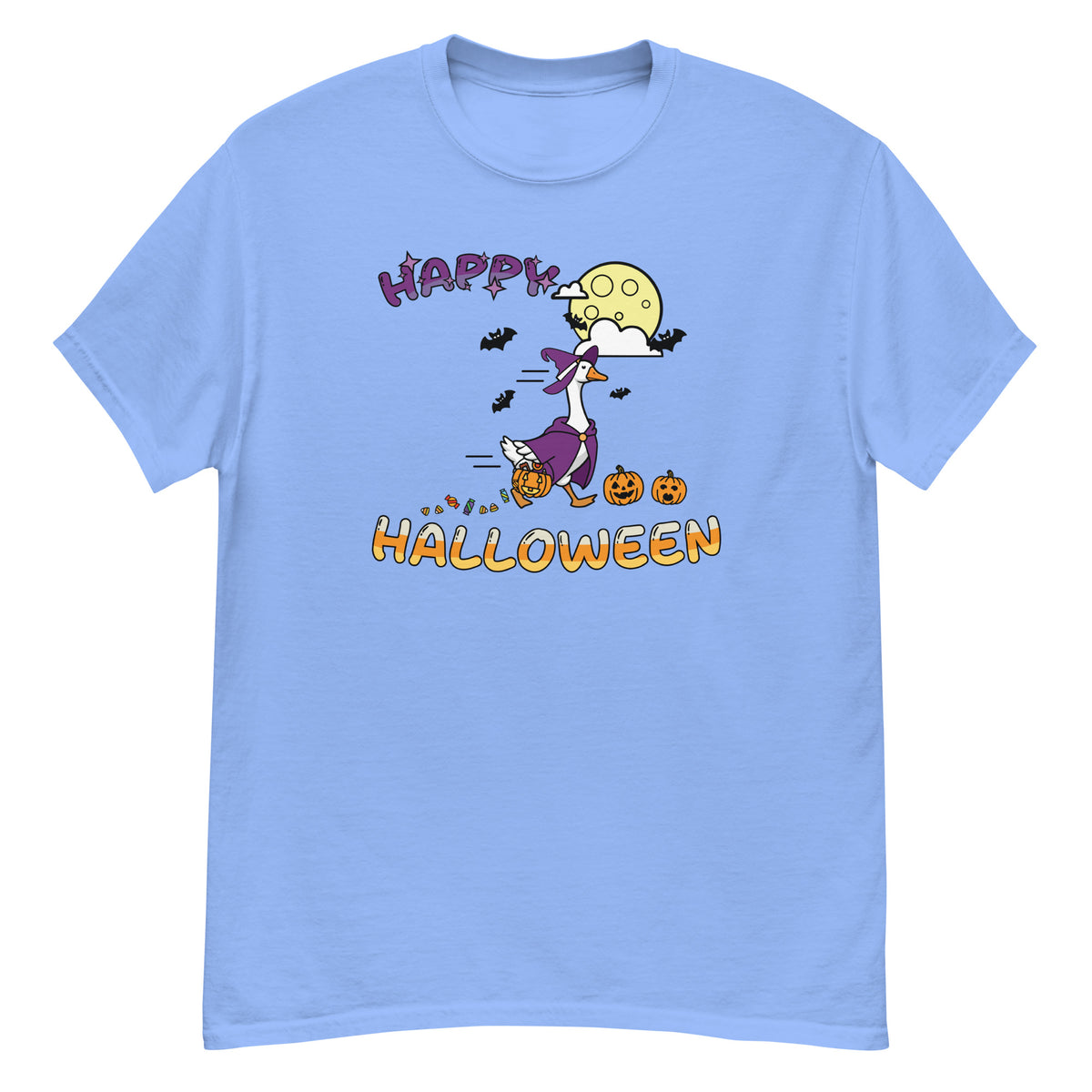 Halloween Tee - witch goose with jack-o'-lanterns, bats, and a full moon, "Happy Halloween" - Carolina Blue front flat
