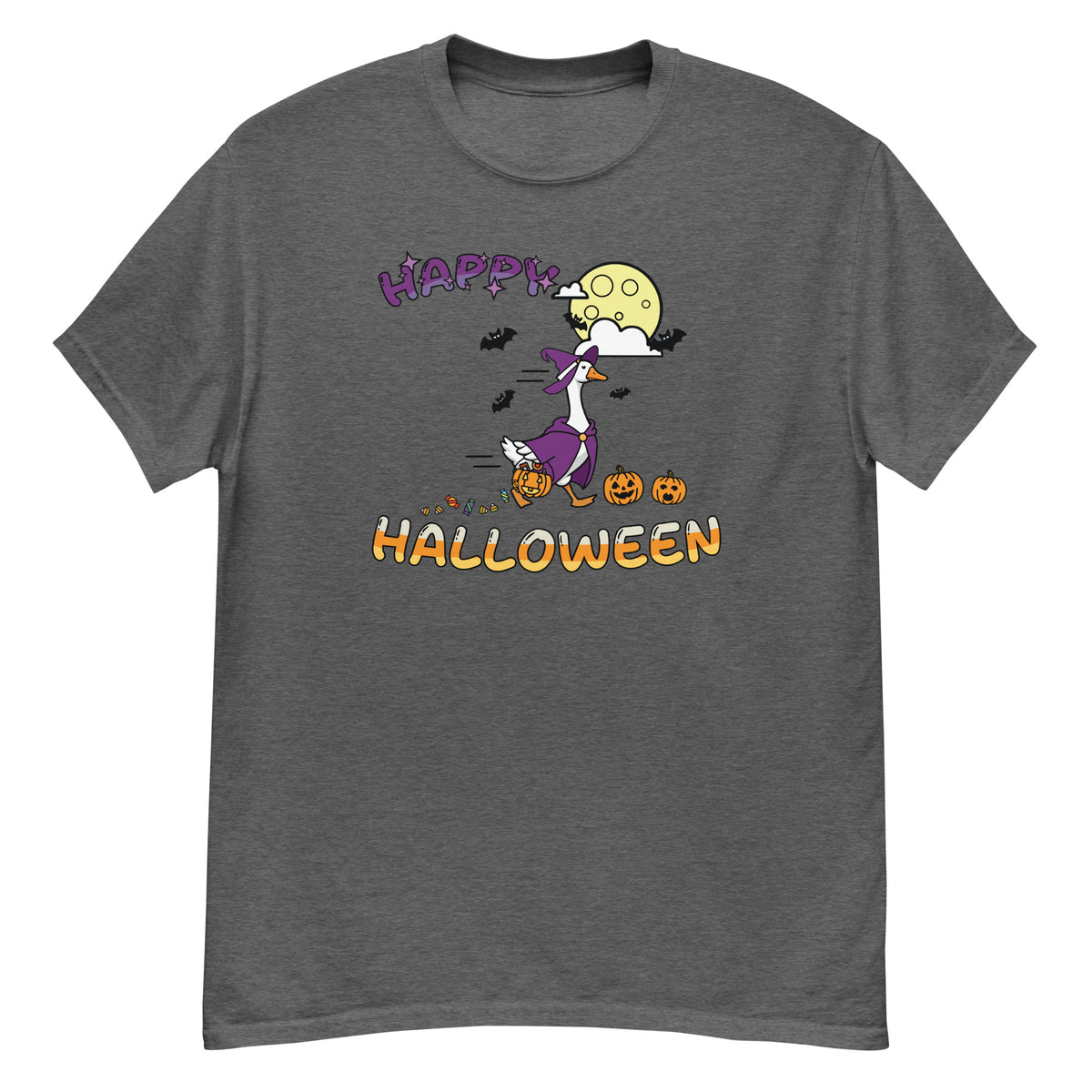 Halloween Tee - witch goose with jack-o'-lanterns, bats, and a full moon, "Happy Halloween" - Dark Heather front flat