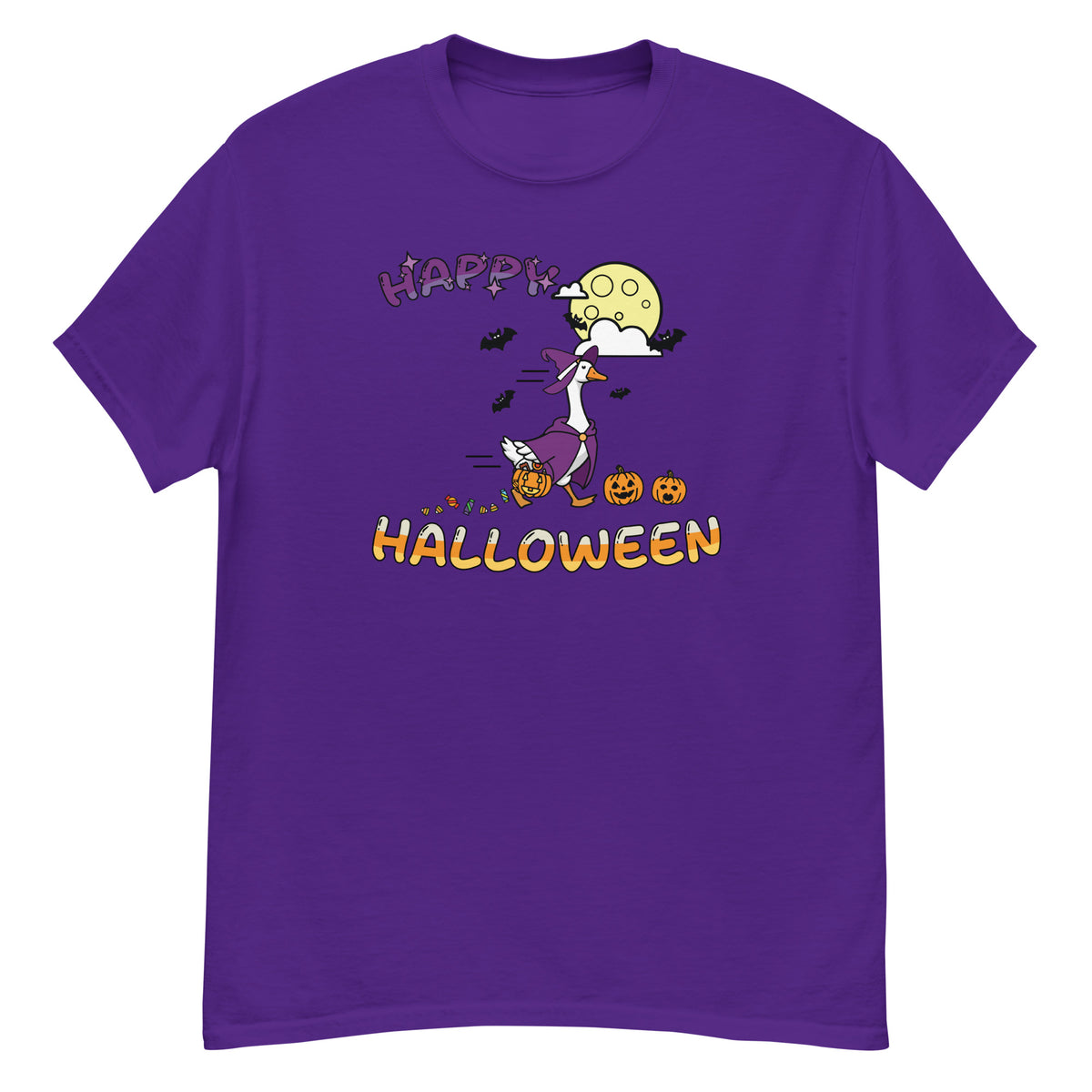 Halloween Tee - witch goose with jack-o'-lanterns, bats, and a full moon, "Happy Halloween" - Purple front flat