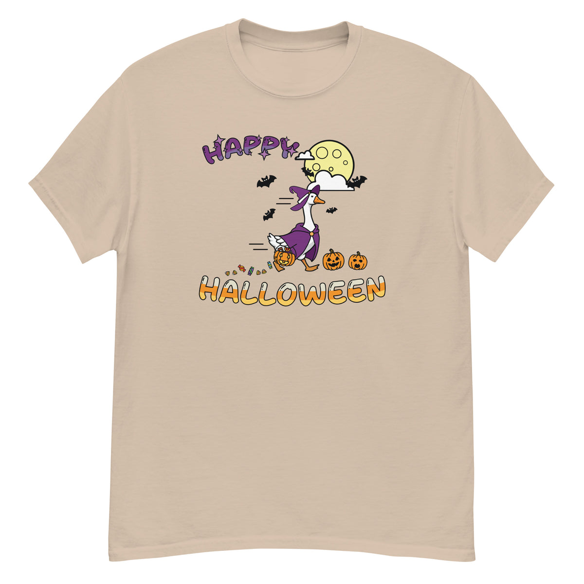 Halloween Tee - witch goose with jack-o'-lanterns, bats, and a full moon, "Happy Halloween" - Sand front flat