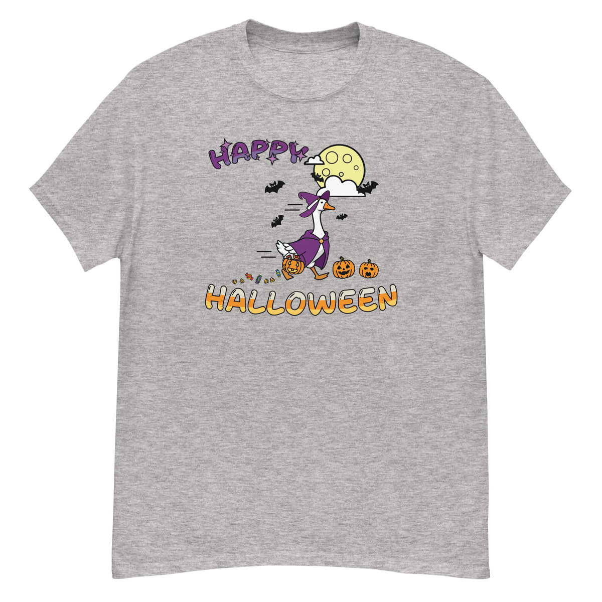 Halloween Tee - witch goose with jack-o'-lanterns, bats, and a full moon, "Happy Halloween" - Sport Grey front flat