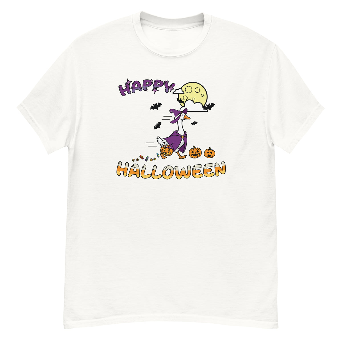 Halloween Tee - witch goose with jack-o'-lanterns, bats, and a full moon, "Happy Halloween" - White front flat