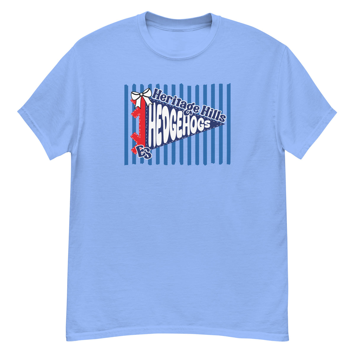 Heritage Hills Elementary Hedgehogs Tee - pennant-style "Heritage Hills" wordmark design - Carolina Blue front flat