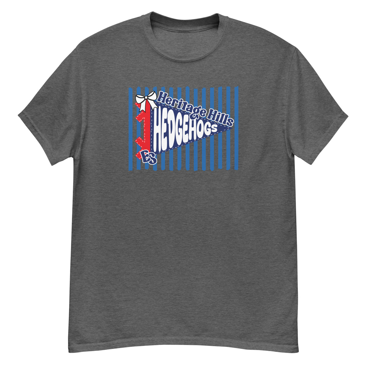 Heritage Hills Elementary Hedgehogs Tee - pennant-style "Heritage Hills" wordmark design - Dark Heather front flat