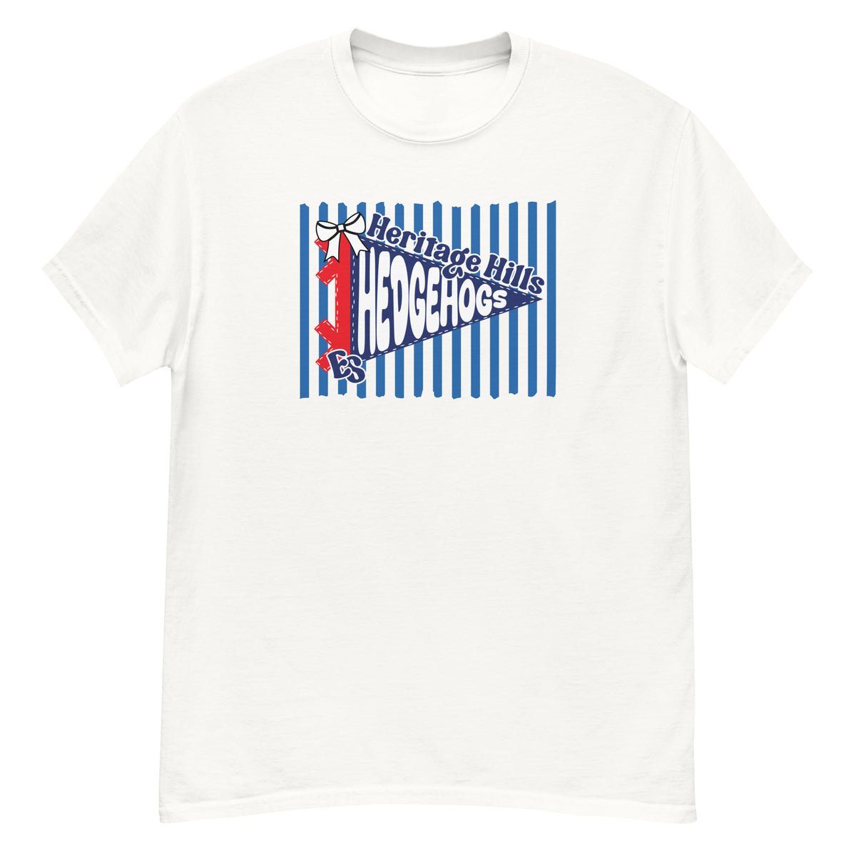 Heritage Hills Elementary Hedgehogs Tee - pennant-style "Heritage Hills" wordmark design - White front flat