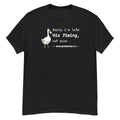 His Timing Tee - goose holding a clock, "Sorry I'm late, His timing, not mine" - Ecclesiastes 3:1 - Black front flat