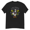 Las Vegas Casino Honks Goose Football Tee - cartoon goose football player in a gray and silver uniform with a silver helmet, holding a football in front of stadium lights and goalposts, with "Las Vegas Casino Honks" arched above - Black front flat