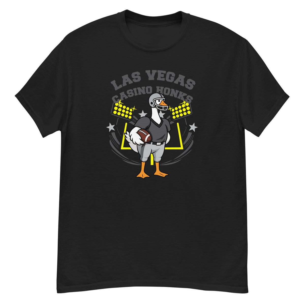 Las Vegas Casino Honks Goose Football Tee - cartoon goose football player in a gray and silver uniform with a silver helmet, holding a football in front of stadium lights and goalposts, with "Las Vegas Casino Honks" arched above - Black front flat