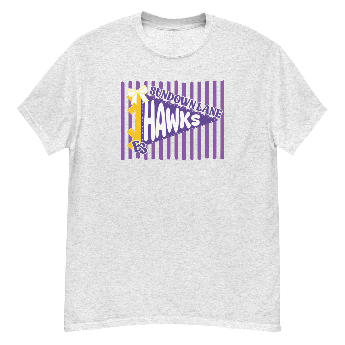 Sundown Lane Elementary Hawks Tee - pennant-style "Sundown Lane" wordmark design - Ash front flat