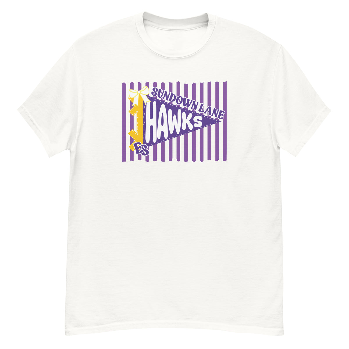 Sundown Lane Elementary Hawks Tee - pennant-style "Sundown Lane" wordmark design - White front flat