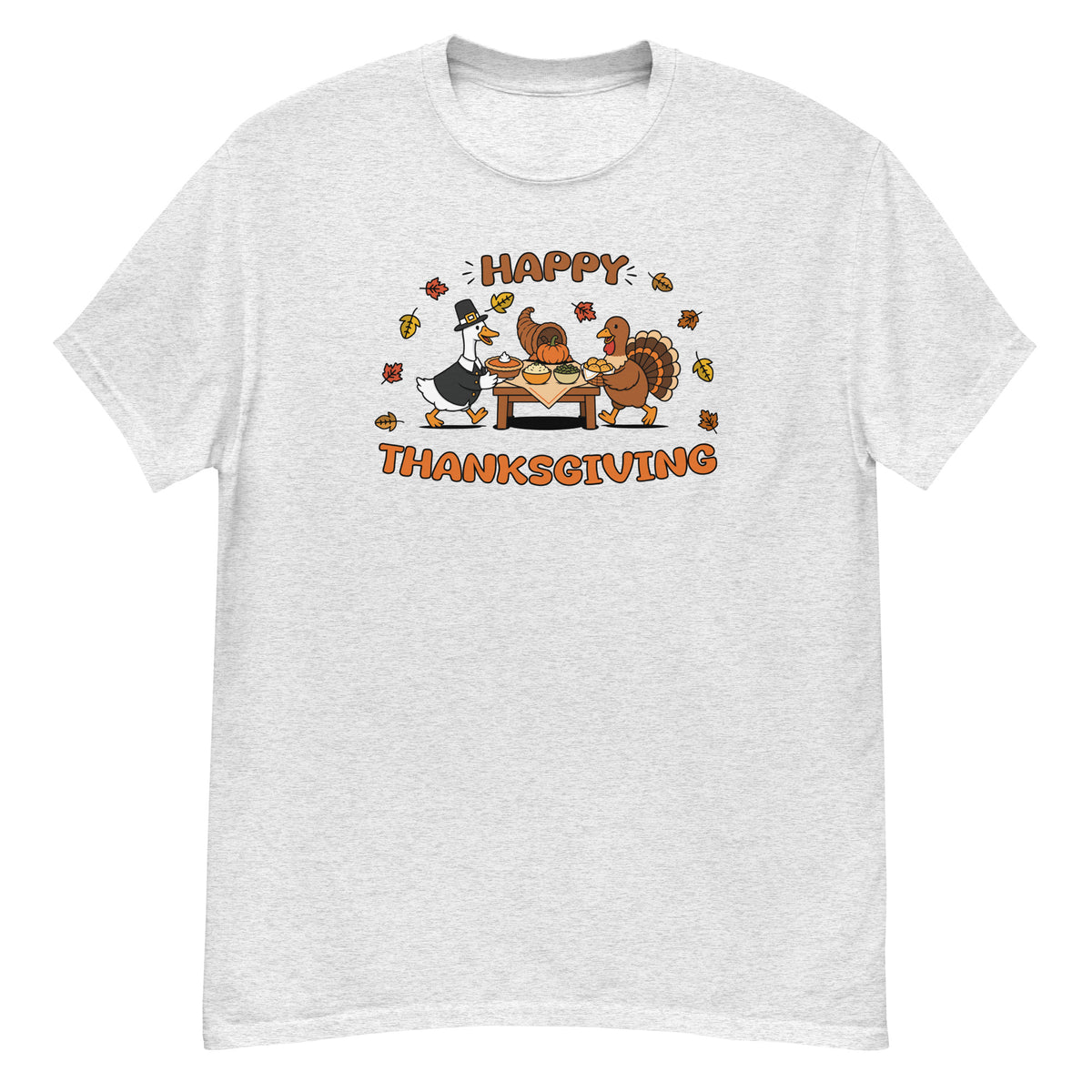 Thanksgiving Tee - pilgrim goose serving a Thanksgiving spread with a turkey and cornucopia, "Happy Thanksgiving" - Ash front flat