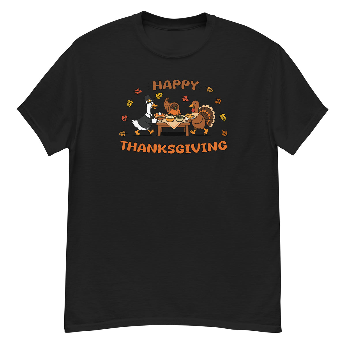 Thanksgiving Tee - pilgrim goose serving a Thanksgiving spread with a turkey and cornucopia, "Happy Thanksgiving" - Black front flat