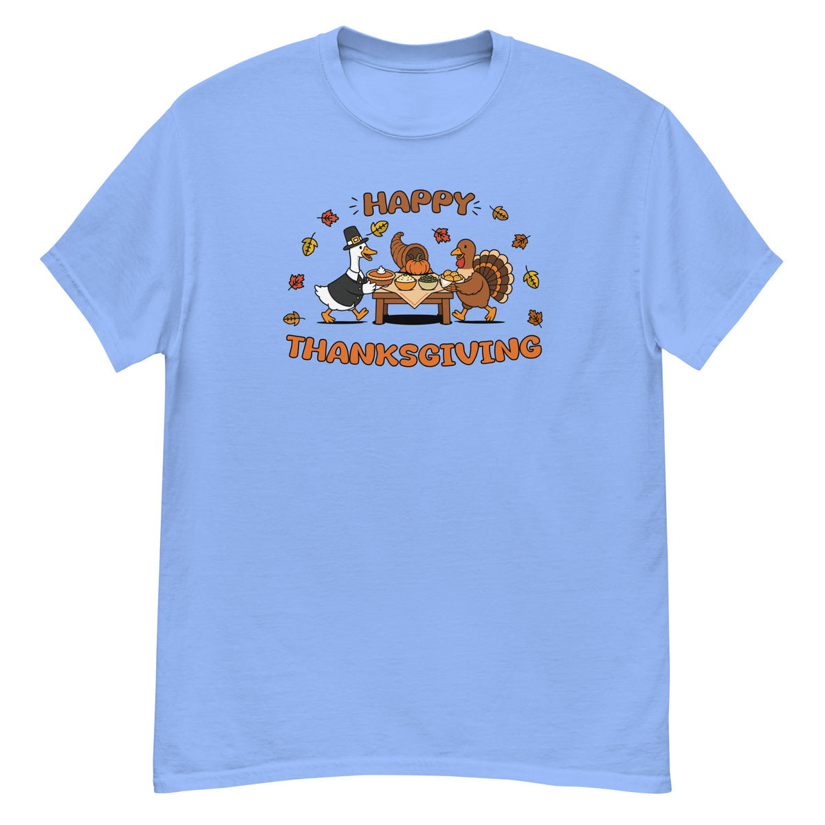 Thanksgiving Tee - pilgrim goose serving a Thanksgiving spread with a turkey and cornucopia, "Happy Thanksgiving" - Carolina Blue front flat