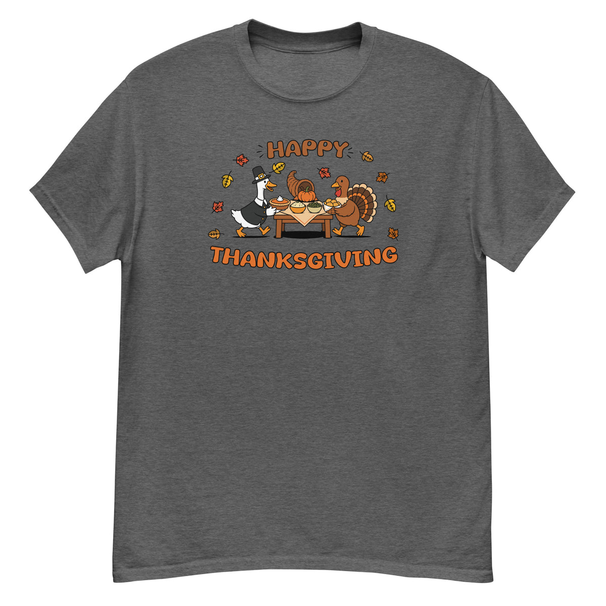 Thanksgiving Tee - pilgrim goose serving a Thanksgiving spread with a turkey and cornucopia, "Happy Thanksgiving" - Dark Heather front flat