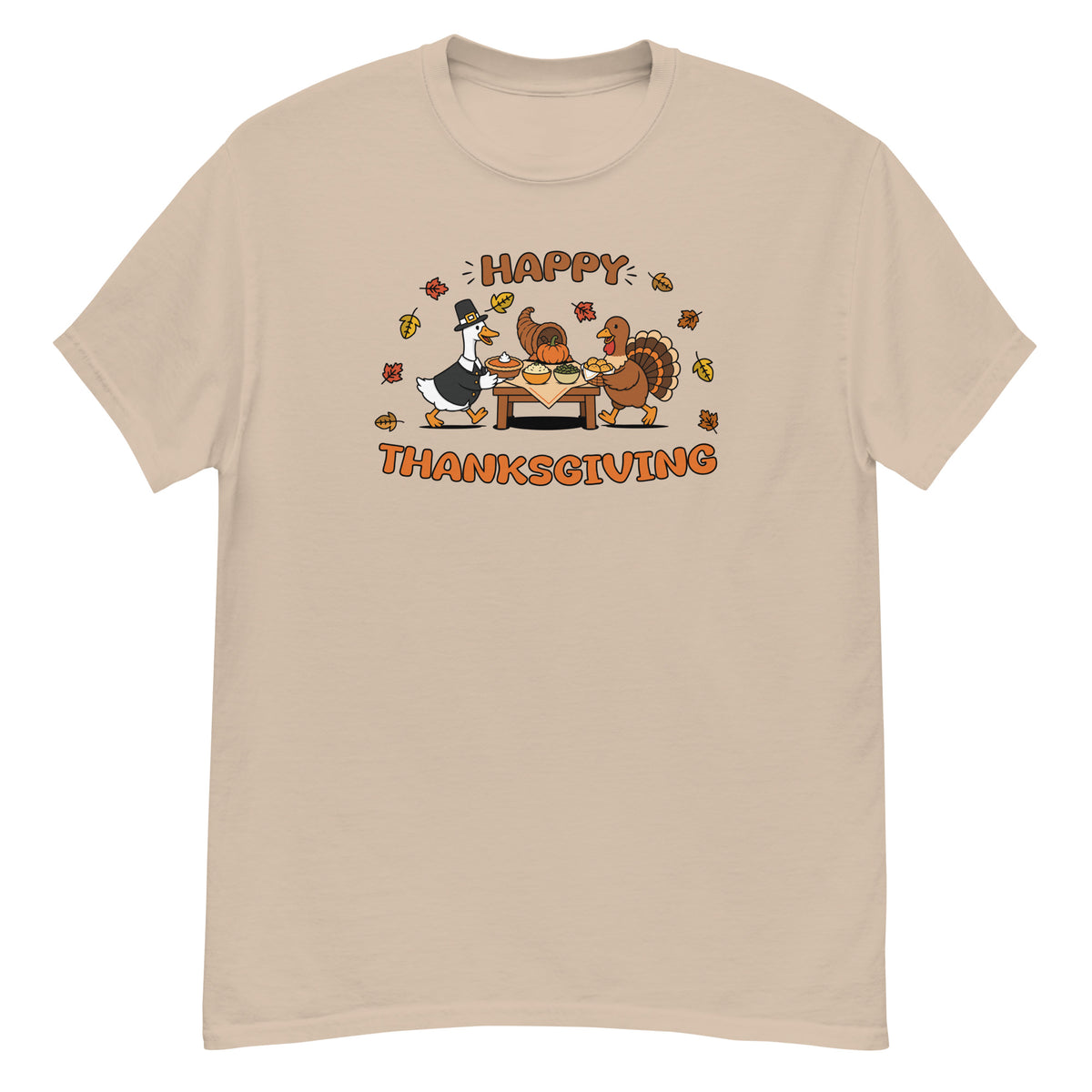 Thanksgiving Tee - pilgrim goose serving a Thanksgiving spread with a turkey and cornucopia, "Happy Thanksgiving" - Sand front flat