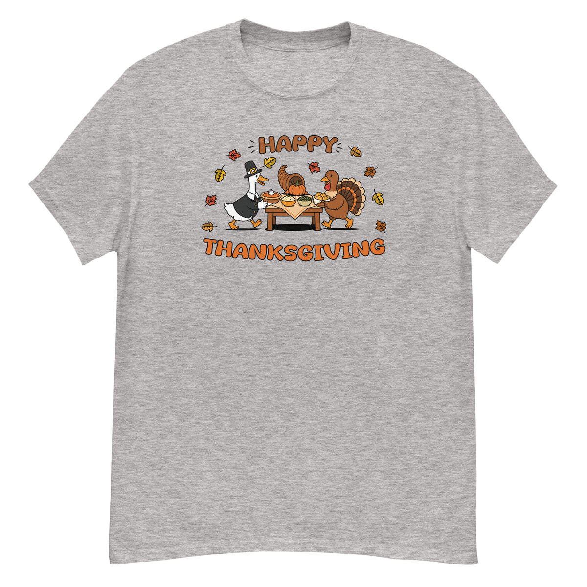 Thanksgiving Tee - pilgrim goose serving a Thanksgiving spread with a turkey and cornucopia, "Happy Thanksgiving" - Sport Grey front flat