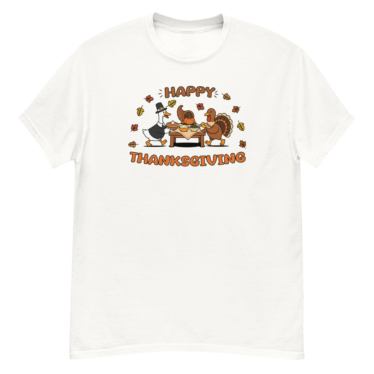 Thanksgiving Tee - pilgrim goose serving a Thanksgiving spread with a turkey and cornucopia, "Happy Thanksgiving" - White front flat