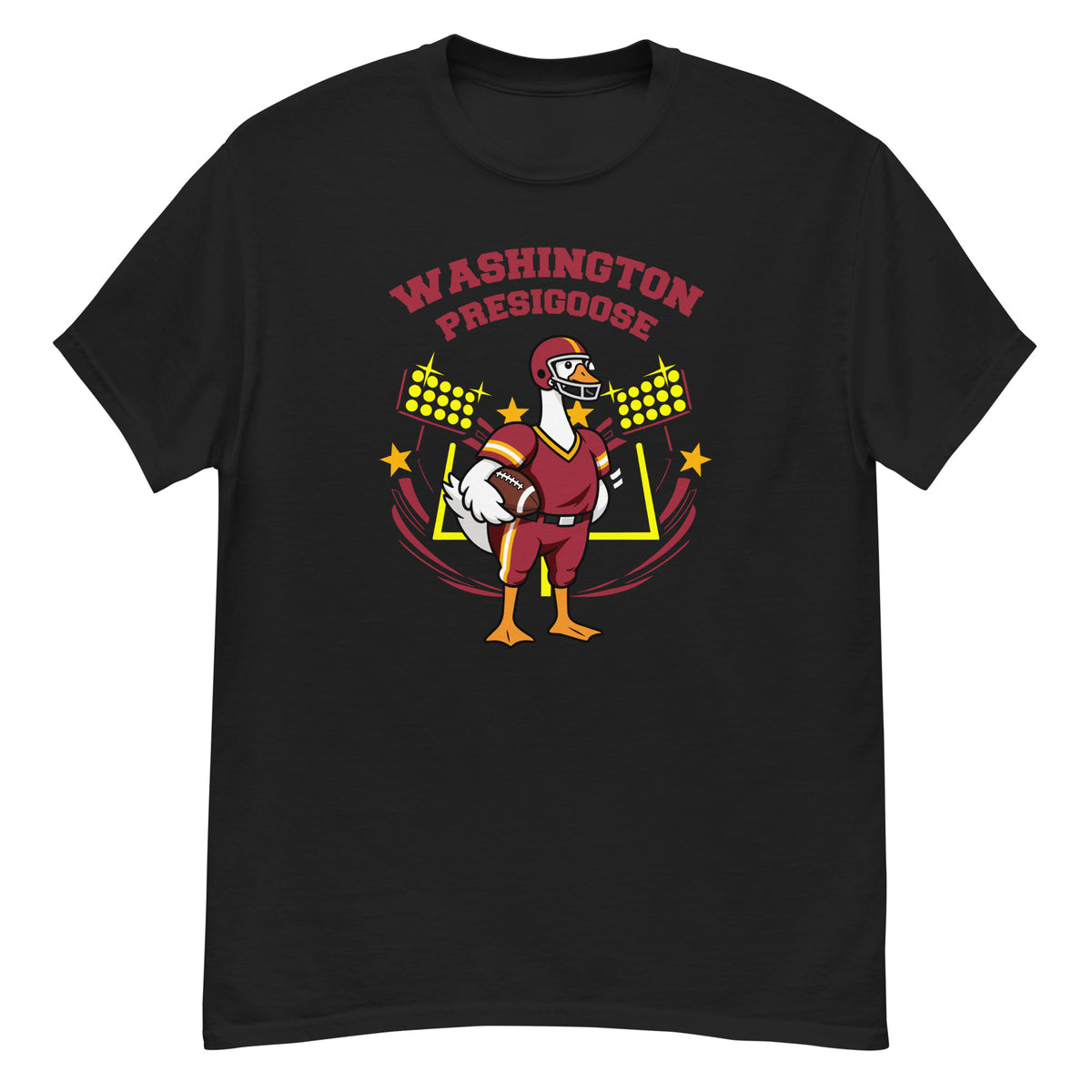 Washington Presigoose Goose Football Tee - cartoon goose football player in a burgundy and gold uniform with a burgundy helmet, holding a football in front of stadium lights and goalposts, with "Washington Presigoose" arched above - Black front flat